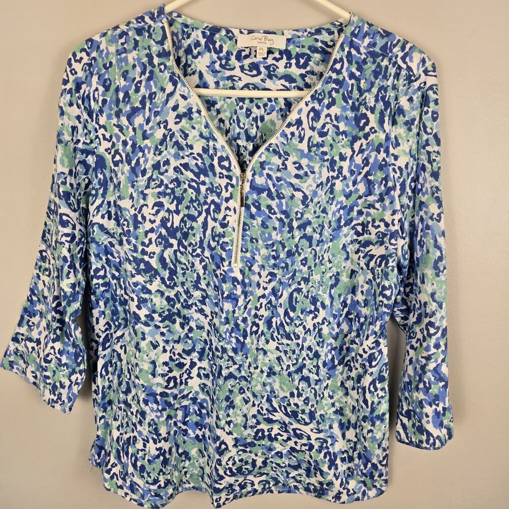 Coral Bay Ocean Blue White Tunic Zip V Neck Petite PL Coastal Grandma LINEN Rayo